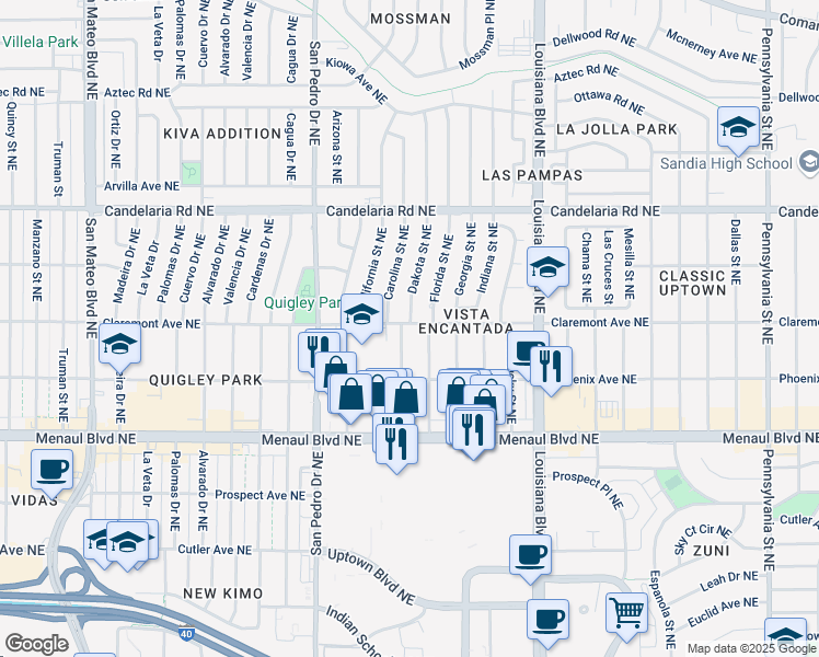map of restaurants, bars, coffee shops, grocery stores, and more near 2721 Florida Street Northeast in Albuquerque