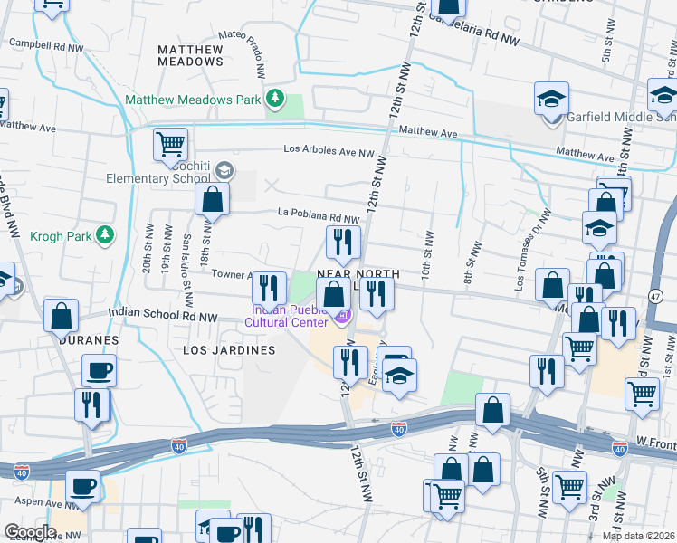 map of restaurants, bars, coffee shops, grocery stores, and more near 2599 12th Street Northwest in Albuquerque