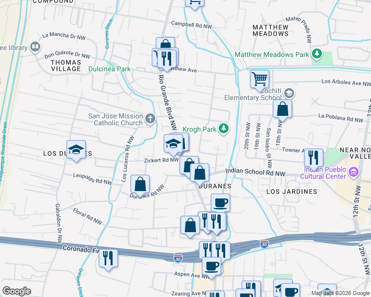map of restaurants, bars, coffee shops, grocery stores, and more near 2409 Zickert Road Northwest in Albuquerque