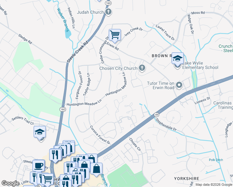 map of restaurants, bars, coffee shops, grocery stores, and more near 14968 Deshler Court in Charlotte
