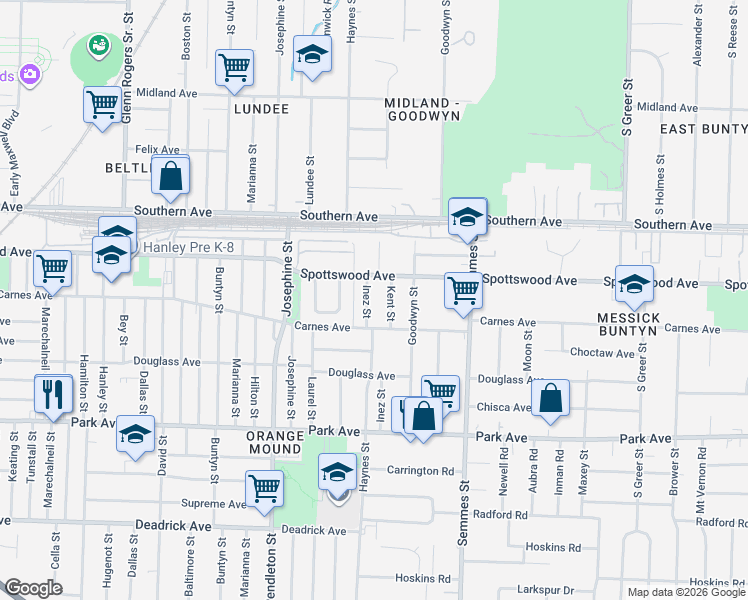 map of restaurants, bars, coffee shops, grocery stores, and more near 740 Inez Street in Memphis