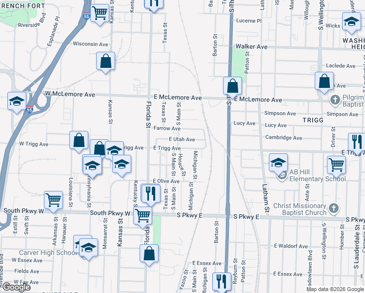 map of restaurants, bars, coffee shops, grocery stores, and more near 1299 Horace Street in Memphis