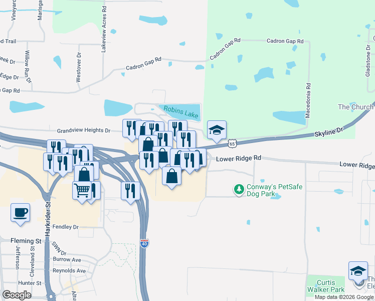 map of restaurants, bars, coffee shops, grocery stores, and more near 55 Lower Ridge Road in Conway
