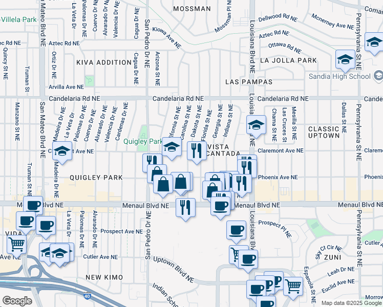 map of restaurants, bars, coffee shops, grocery stores, and more near 2721 Florida Street Northeast in Albuquerque