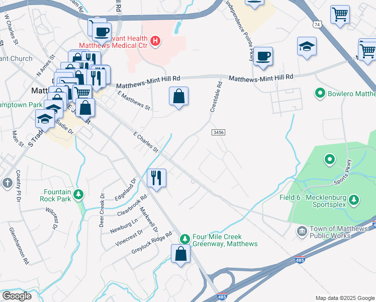 map of restaurants, bars, coffee shops, grocery stores, and more near 329 Linden Street in Matthews