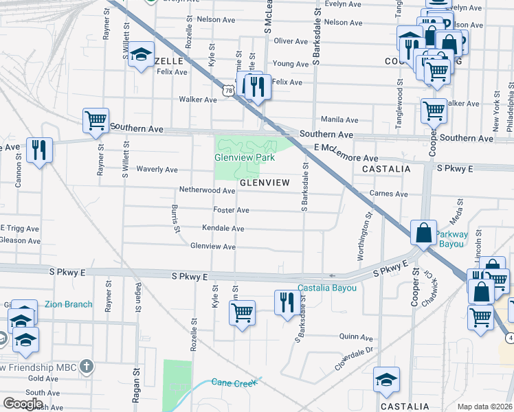 map of restaurants, bars, coffee shops, grocery stores, and more near 1825 Foster Avenue in Memphis