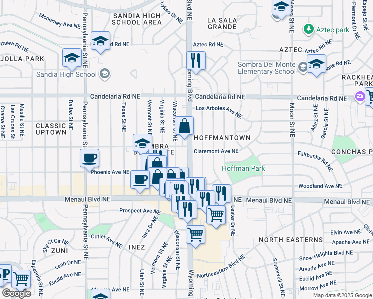 map of restaurants, bars, coffee shops, grocery stores, and more near 2421 Wyoming Boulevard Northeast in Albuquerque
