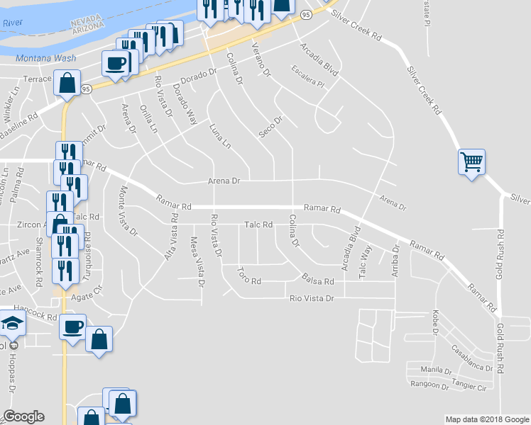 map of restaurants, bars, coffee shops, grocery stores, and more near 1726 Ramar Road in Bullhead City