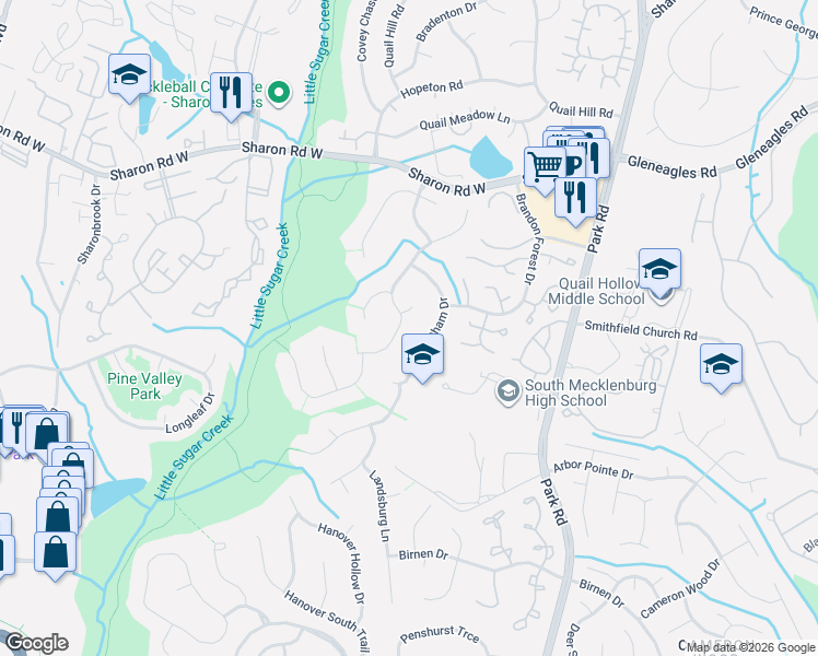 map of restaurants, bars, coffee shops, grocery stores, and more near 2700 Lytham Drive in Charlotte