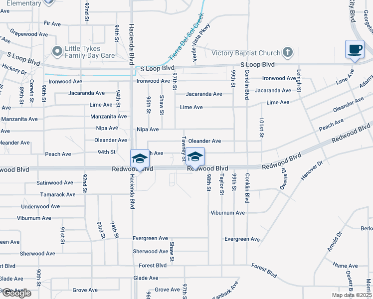 map of restaurants, bars, coffee shops, grocery stores, and more near 9701 Peach Avenue in California City