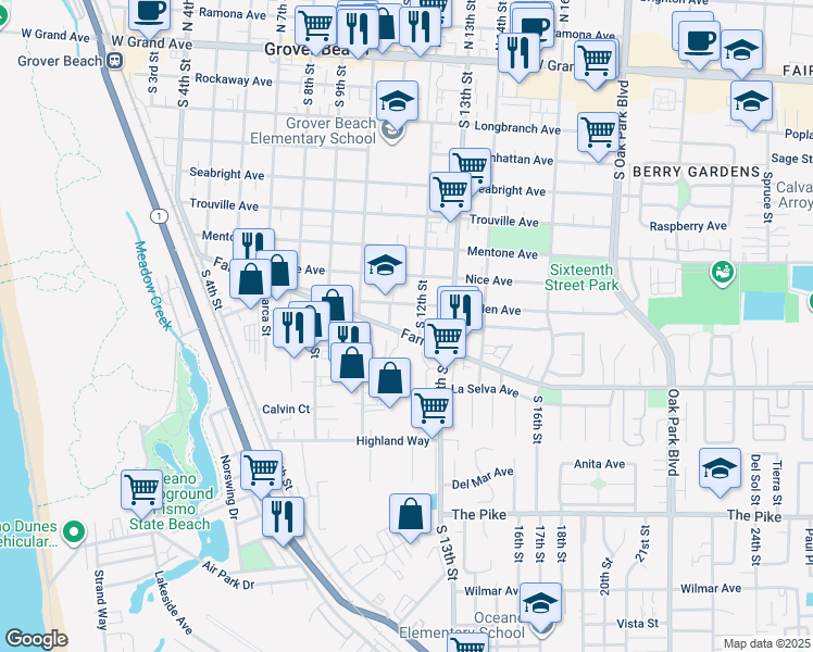map of restaurants, bars, coffee shops, grocery stores, and more near 1151 Farroll Road in Grover Beach