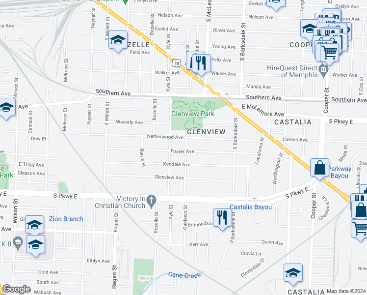 map of restaurants, bars, coffee shops, grocery stores, and more near 1781 Foster Avenue in Memphis