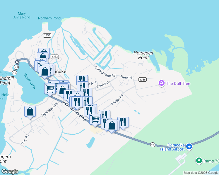 map of restaurants, bars, coffee shops, grocery stores, and more near 175 Sandollar Road in Ocracoke