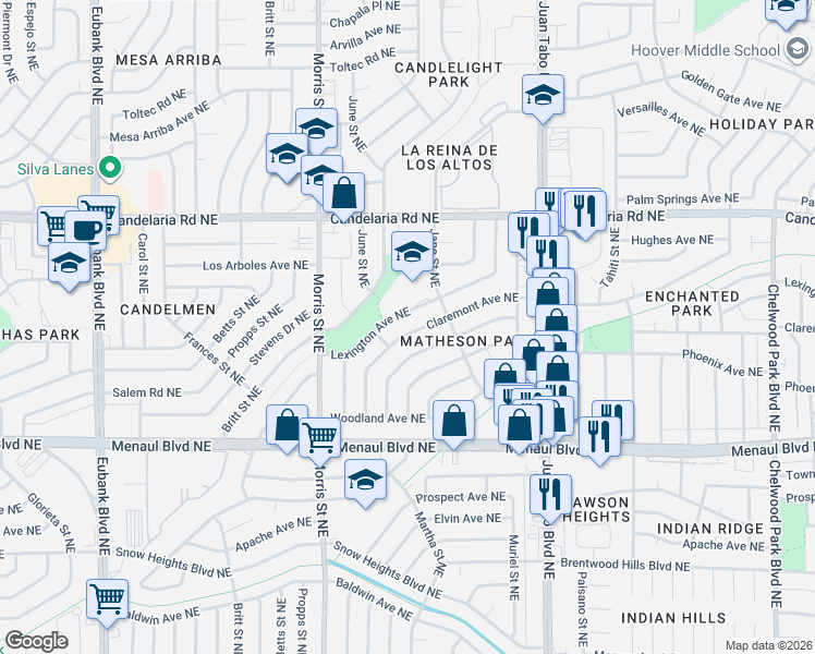 map of restaurants, bars, coffee shops, grocery stores, and more near 10805 Fairbanks Road Northeast in Albuquerque