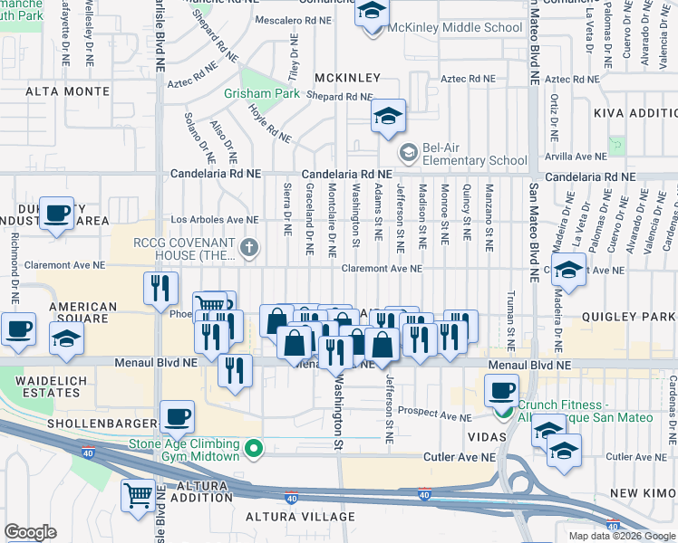 map of restaurants, bars, coffee shops, grocery stores, and more near 2729 Montclaire Drive Northeast in Albuquerque
