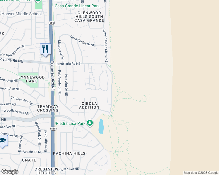 map of restaurants, bars, coffee shops, grocery stores, and more near 2900 Vista Del Rey Northeast in Albuquerque