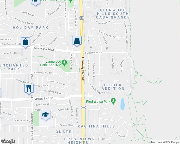 map of restaurants, bars, coffee shops, grocery stores, and more near 2801 Palo Alto Drive Northeast in Albuquerque