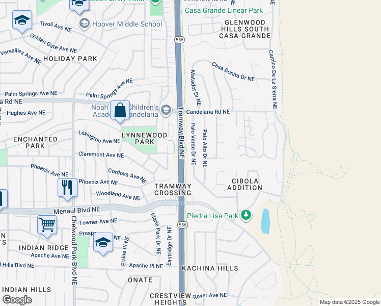 map of restaurants, bars, coffee shops, grocery stores, and more near 2805 Palo Verde Drive Northeast in Albuquerque