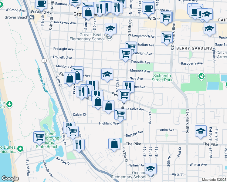 map of restaurants, bars, coffee shops, grocery stores, and more near 1150 Farroll Road in Grover Beach