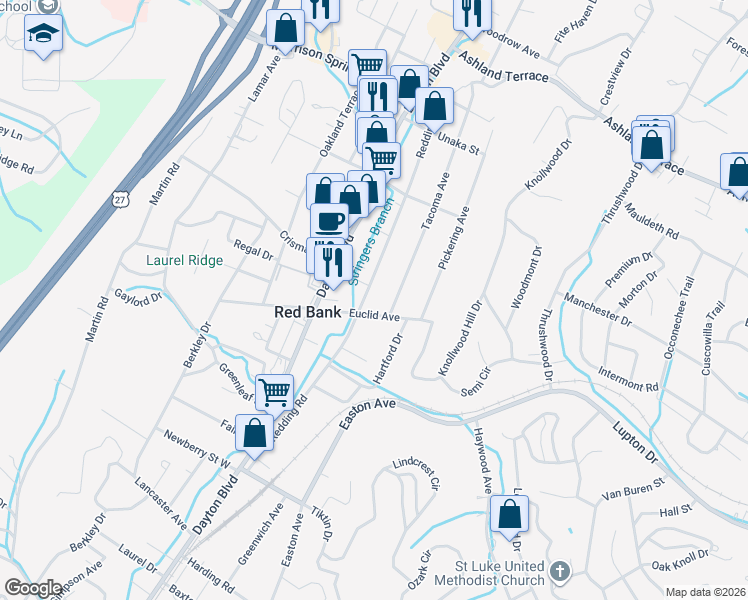 map of restaurants, bars, coffee shops, grocery stores, and more near 202 Euclid Avenue in Red Bank