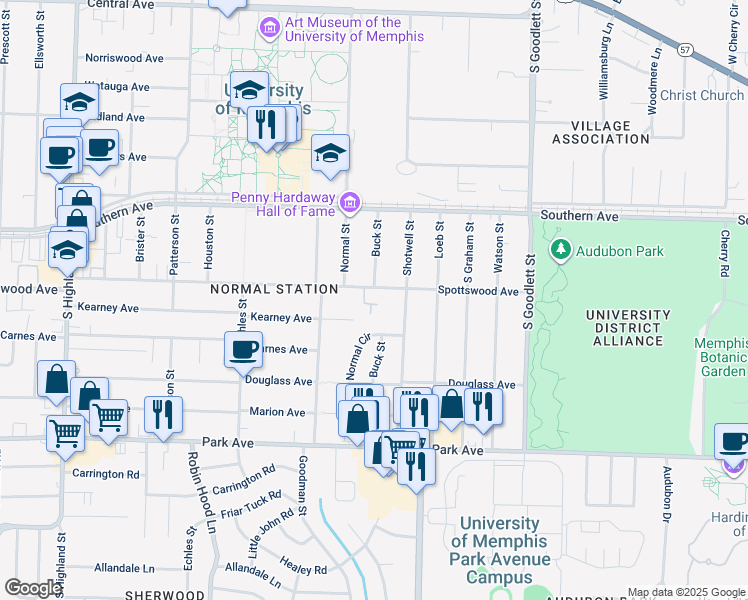 map of restaurants, bars, coffee shops, grocery stores, and more near 713 Normal Circle in Memphis