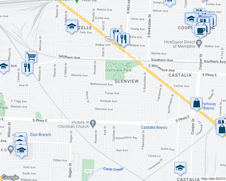 map of restaurants, bars, coffee shops, grocery stores, and more near 1781 Foster Avenue in Memphis