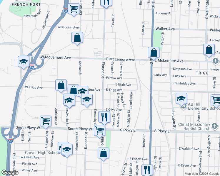 map of restaurants, bars, coffee shops, grocery stores, and more near 1301 Adelaide Street in Memphis