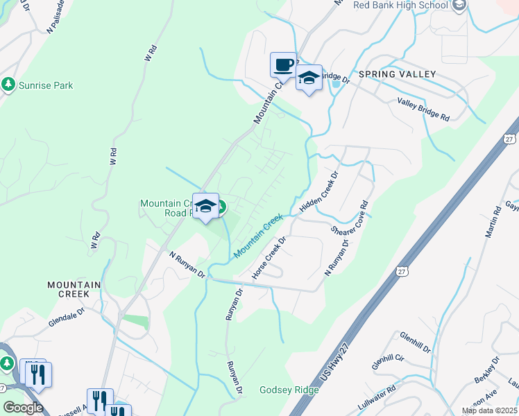 map of restaurants, bars, coffee shops, grocery stores, and more near 261 Horse Creek Drive in Chattanooga