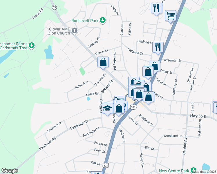 map of restaurants, bars, coffee shops, grocery stores, and more near 205 Calhoun Street in Clover