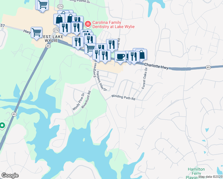map of restaurants, bars, coffee shops, grocery stores, and more near 1203 Winding Path Road in Lake Wylie