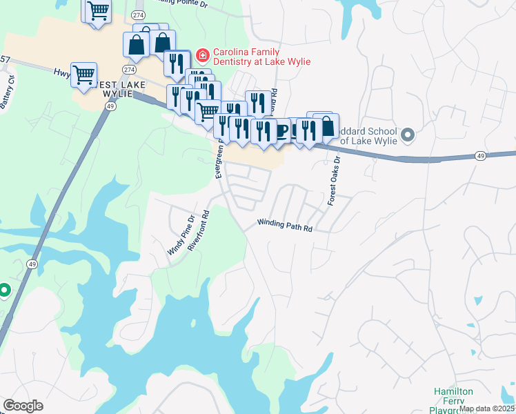 map of restaurants, bars, coffee shops, grocery stores, and more near 738 Waterfall Way in Clover