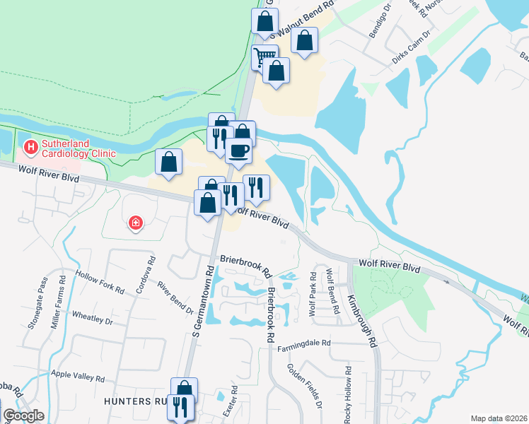 map of restaurants, bars, coffee shops, grocery stores, and more near 7900 Wolf River Boulevard in Germantown