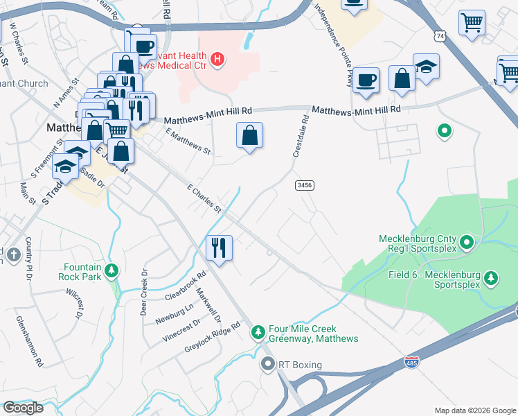 map of restaurants, bars, coffee shops, grocery stores, and more near 362 Crestdale Road in Matthews