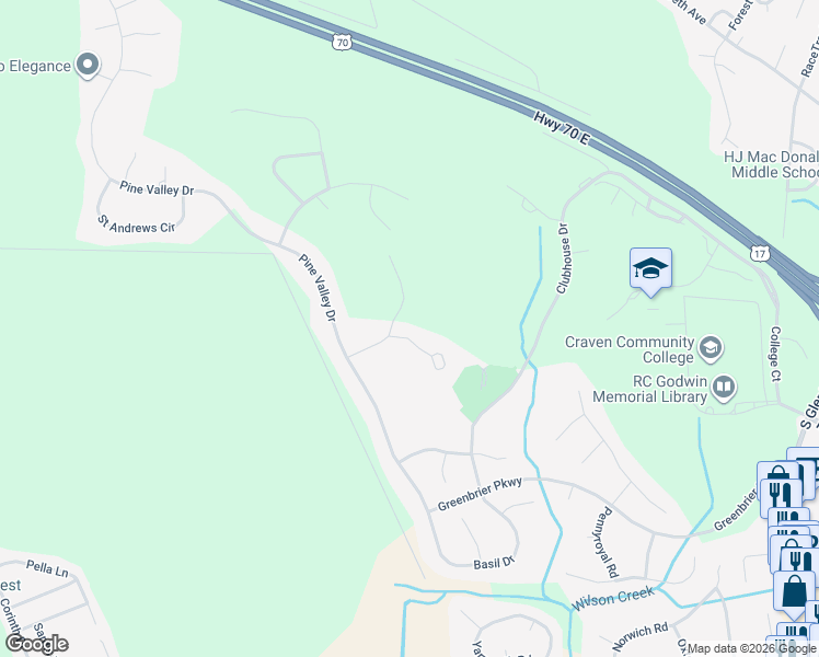 map of restaurants, bars, coffee shops, grocery stores, and more near 105 Pinehurst Drive in New Bern