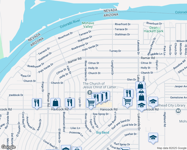 map of restaurants, bars, coffee shops, grocery stores, and more near 784 Church Street in Bullhead City