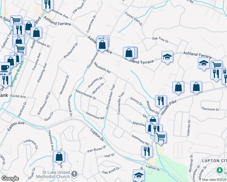map of restaurants, bars, coffee shops, grocery stores, and more near 3775 Occonechee Trail in Chattanooga