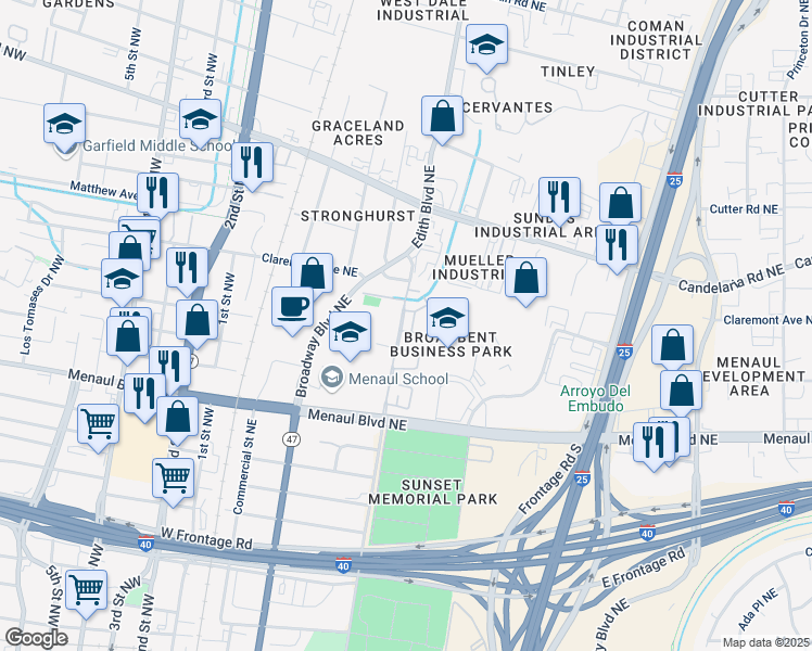 map of restaurants, bars, coffee shops, grocery stores, and more near 7030 Leroy Lane in Albuquerque