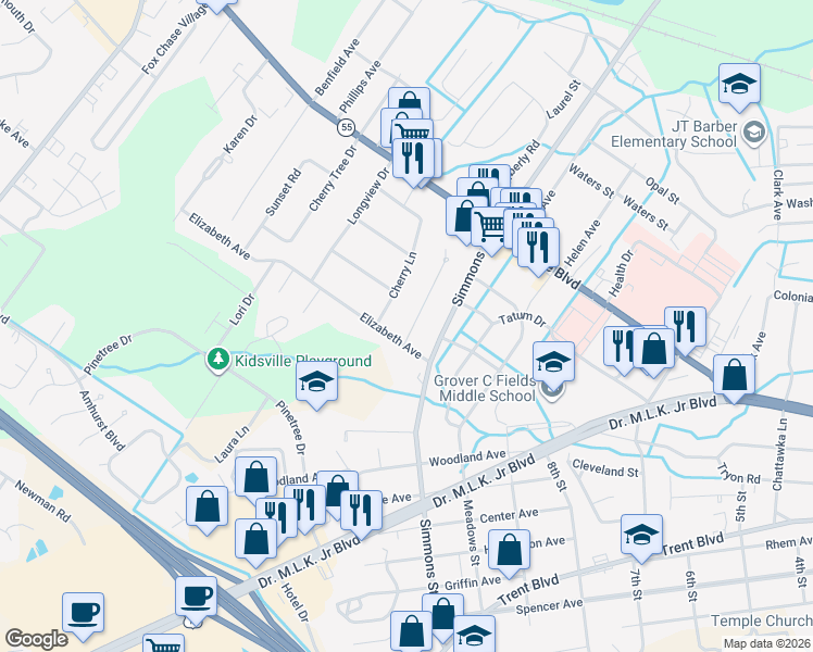 map of restaurants, bars, coffee shops, grocery stores, and more near 1004 Cherry Lane in New Bern