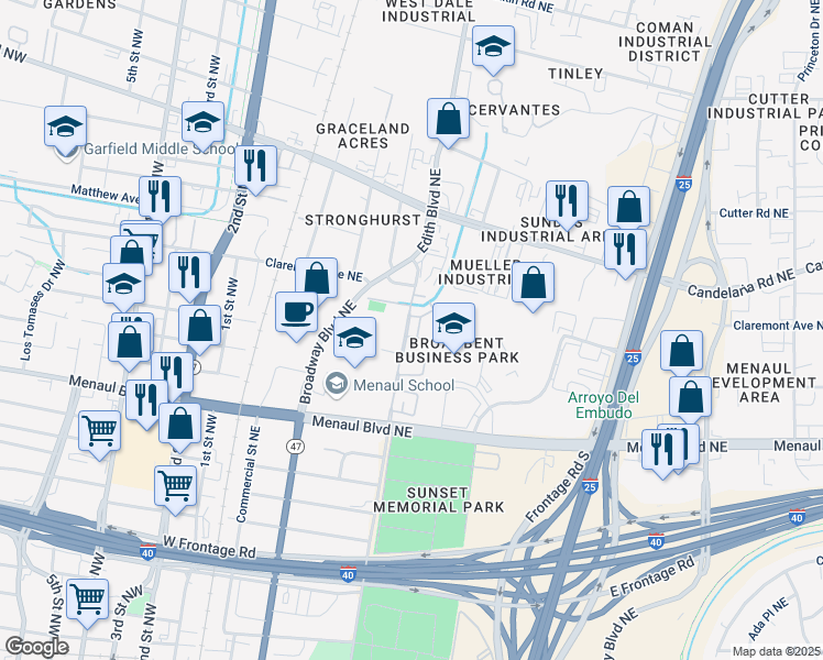map of restaurants, bars, coffee shops, grocery stores, and more near 7030 Leroy Lane in Albuquerque