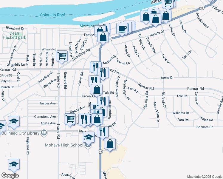 map of restaurants, bars, coffee shops, grocery stores, and more near 1565 Turquoise Road in Bullhead City