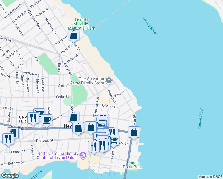 map of restaurants, bars, coffee shops, grocery stores, and more near 801 East Front Street in New Bern