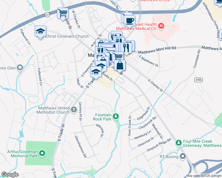 map of restaurants, bars, coffee shops, grocery stores, and more near 100 McDowell Street in Matthews