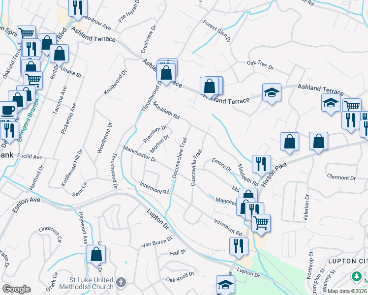 map of restaurants, bars, coffee shops, grocery stores, and more near 3775 Occonechee Trail in Chattanooga