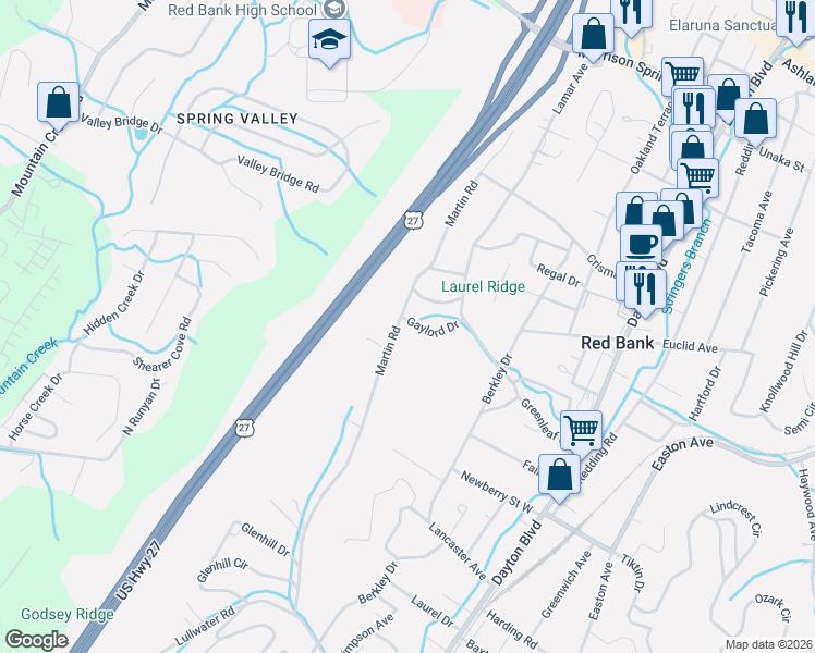 map of restaurants, bars, coffee shops, grocery stores, and more near 512 Harwood Drive in Chattanooga