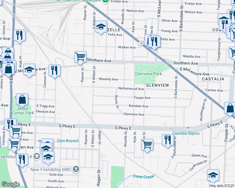 map of restaurants, bars, coffee shops, grocery stores, and more near 1645 Netherwood Avenue in Memphis