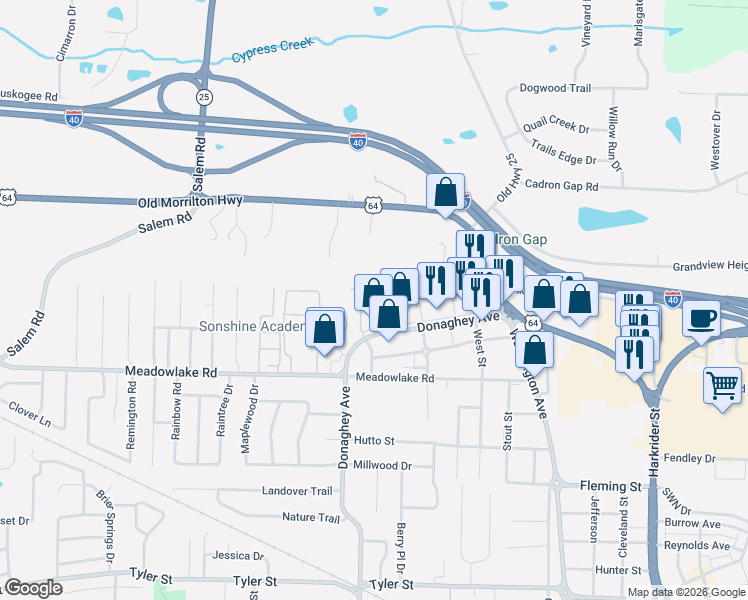 map of restaurants, bars, coffee shops, grocery stores, and more near 2525 Donaghey Avenue in Conway