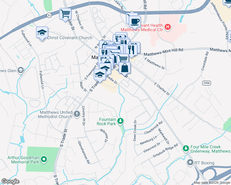 map of restaurants, bars, coffee shops, grocery stores, and more near 100 McDowell Street in Matthews