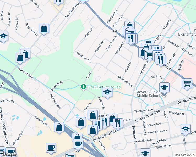 map of restaurants, bars, coffee shops, grocery stores, and more near 1000 Pinetree Drive in New Bern
