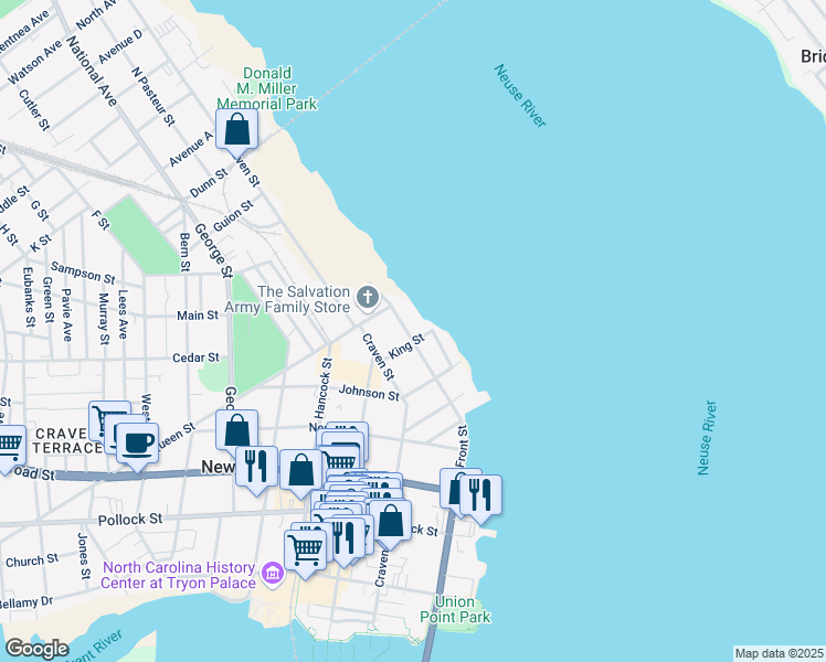 map of restaurants, bars, coffee shops, grocery stores, and more near 706 East Front Street in New Bern