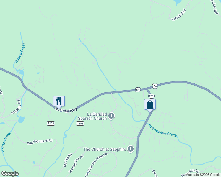 map of restaurants, bars, coffee shops, grocery stores, and more near 18138 Rosman Highway in Lake Toxaway
